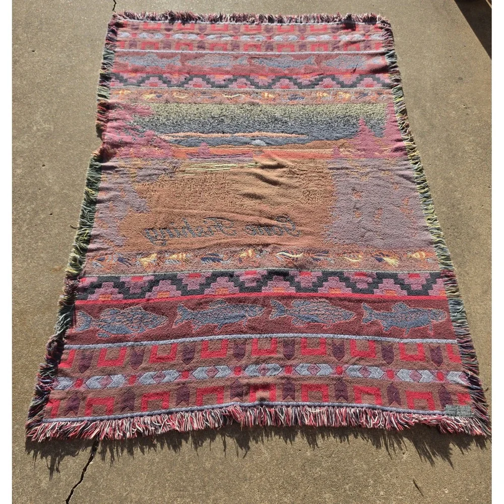 Vintage Gone Fishing Woven Tapestry Throw Blanket Trout Cabin Decor 70x48